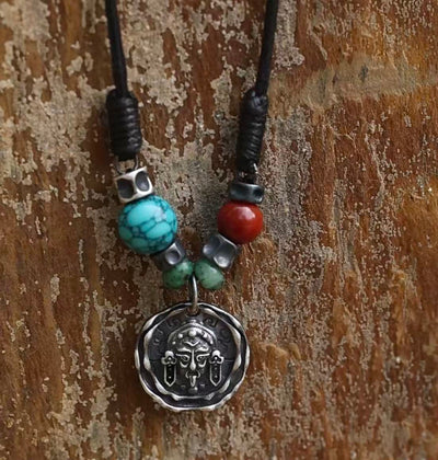 Zachiram Silver Protection Necklace with Turquoise & Red Agate – Handcrafted Tibetan Amulet for Strength, Balance & Spiritual Clarity