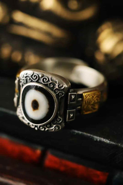 Zachiram Silver Dzi Ring — Pierced Scroll Bezel, Aged Agate Eye