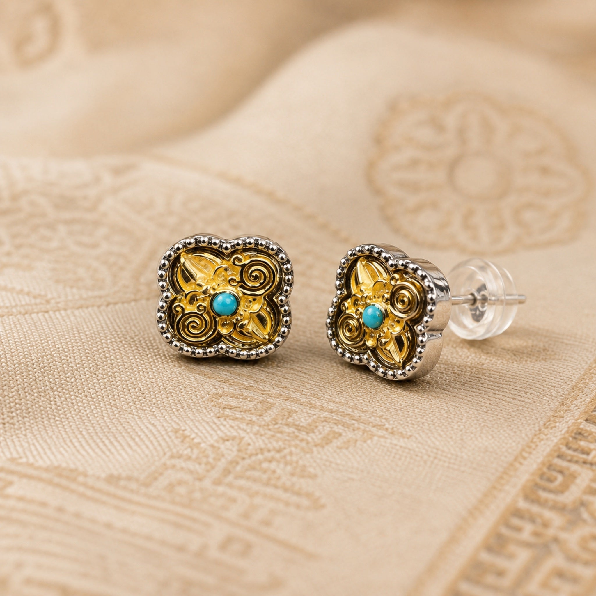 Crossed Vajra Stud Earrings — Gilt S925 Silver & Turquoise — front view