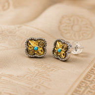 Crossed Vajra Stud Earrings — Gilt S925 Silver & Turquoise — front view