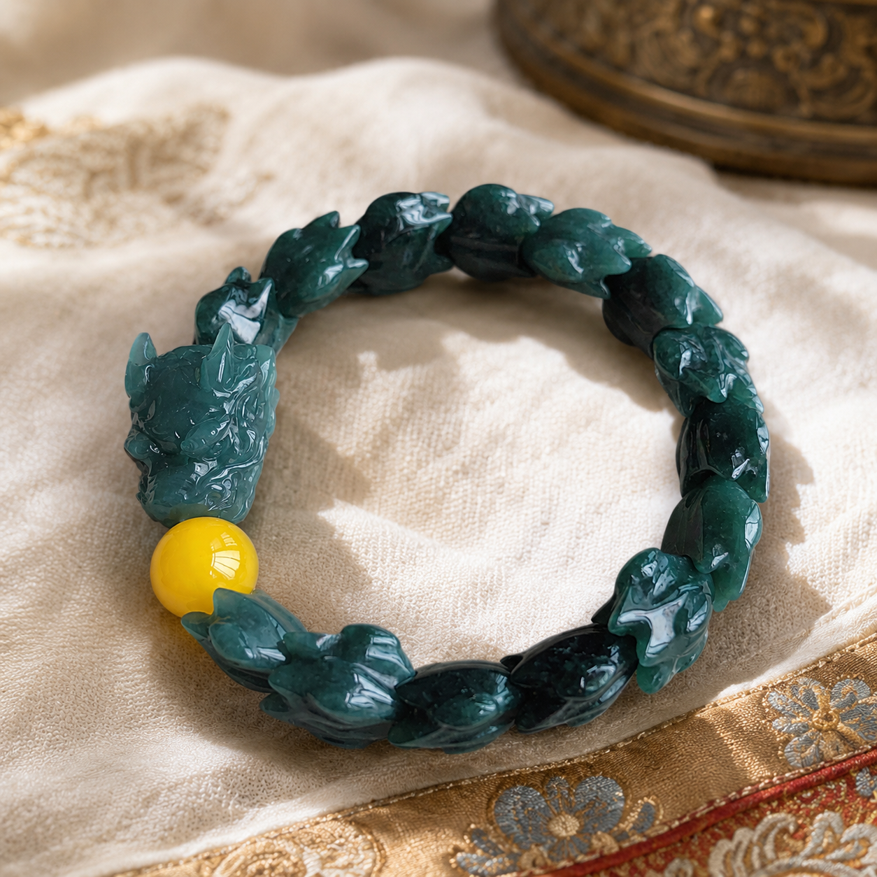 Jade Dragon Bracelet — Carved Dark Green Jade & Amber Accent