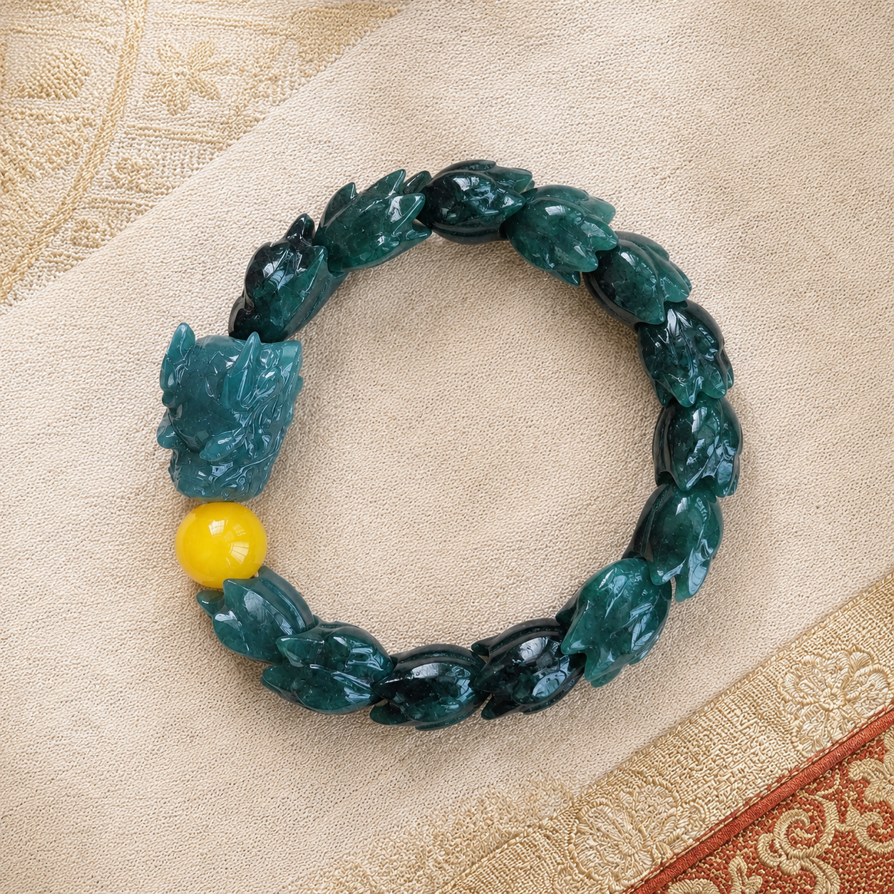 Jade Dragon Bracelet — Carved Dark Green Jade & Amber Accent