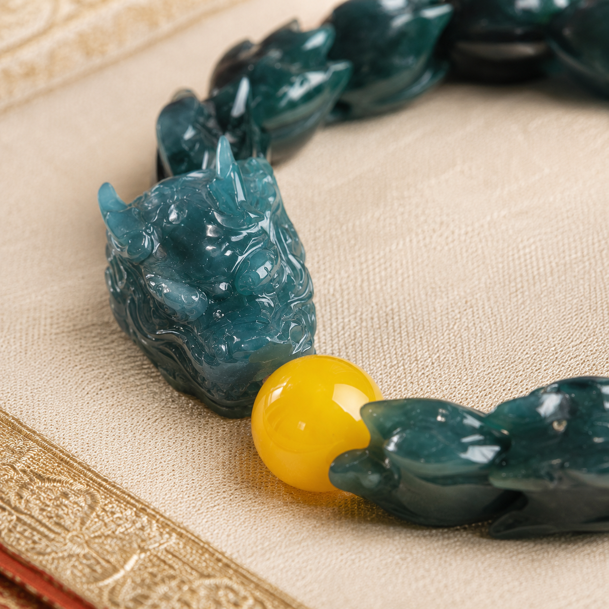 Jade Dragon Bracelet — Carved Dark Green Jade & Amber Accent