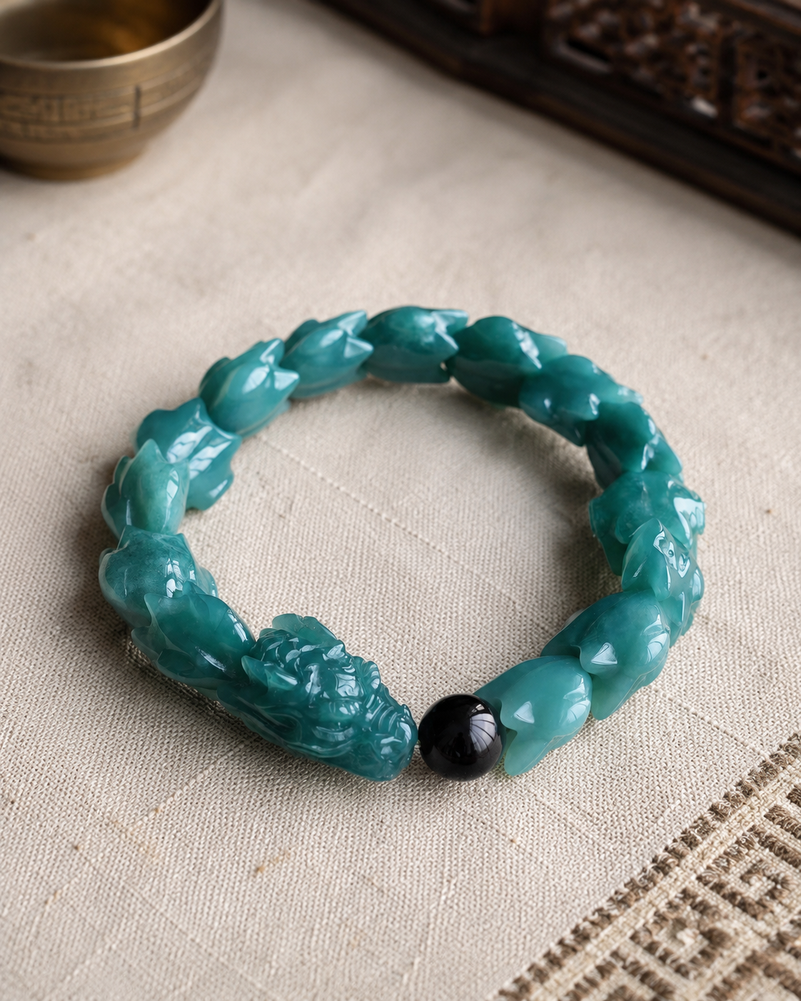 Jade Dragon Bracelet — Carved Dark Green Jade & Black Accent