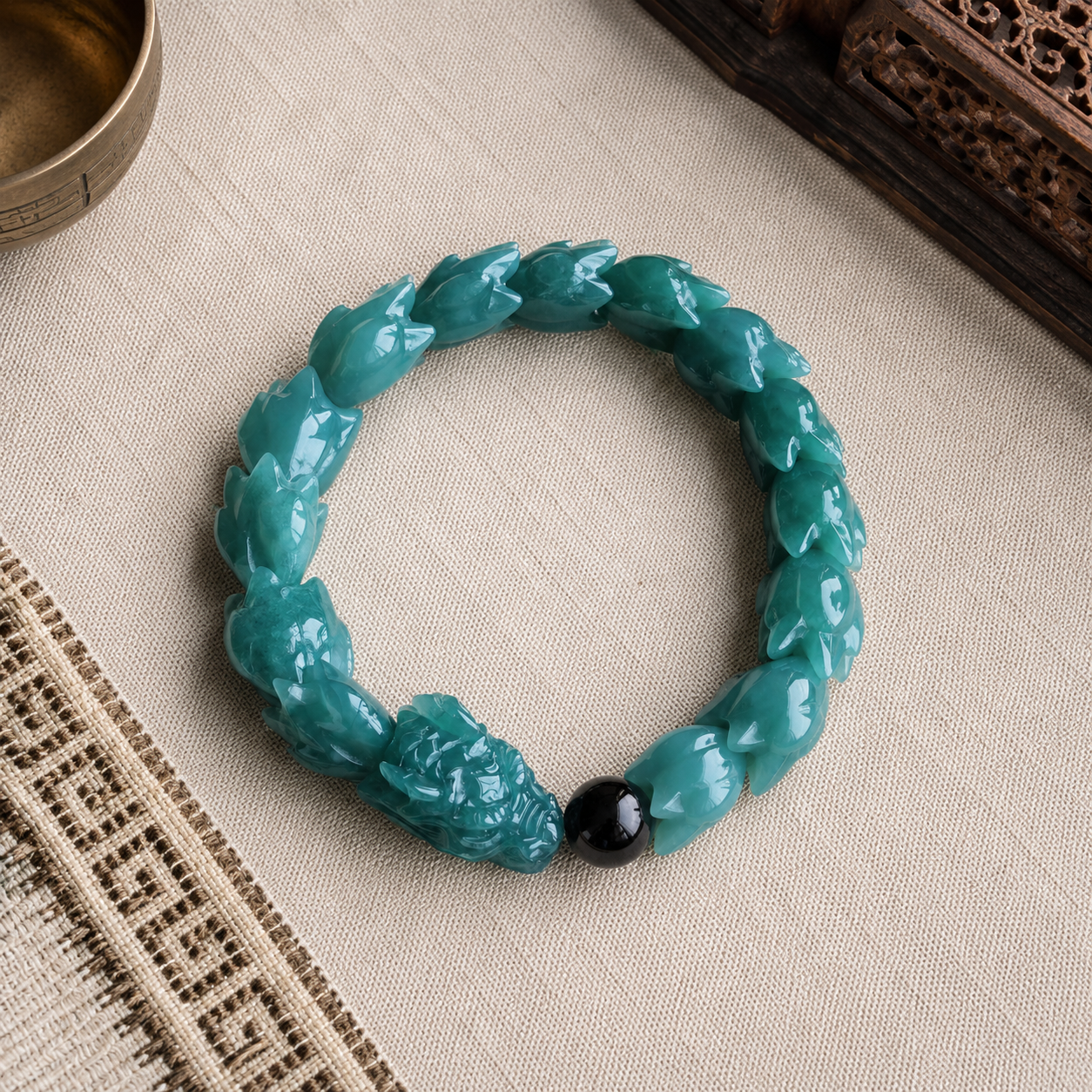 Jade Dragon Bracelet — Carved Dark Green Jade & Black Accent