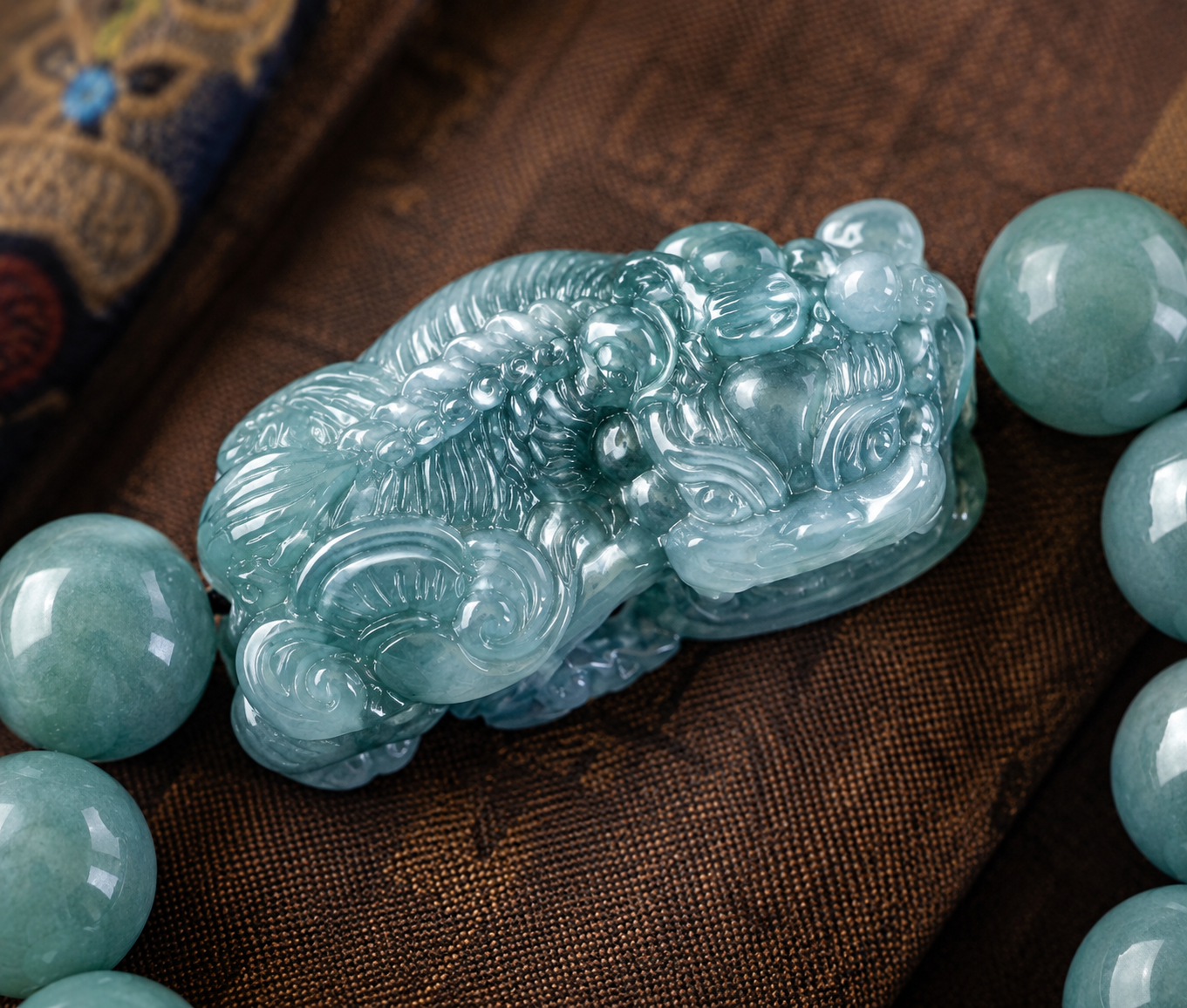 Pixiu Jade Bracelet — Ice Jadeite & Carved Pixiu Pendant