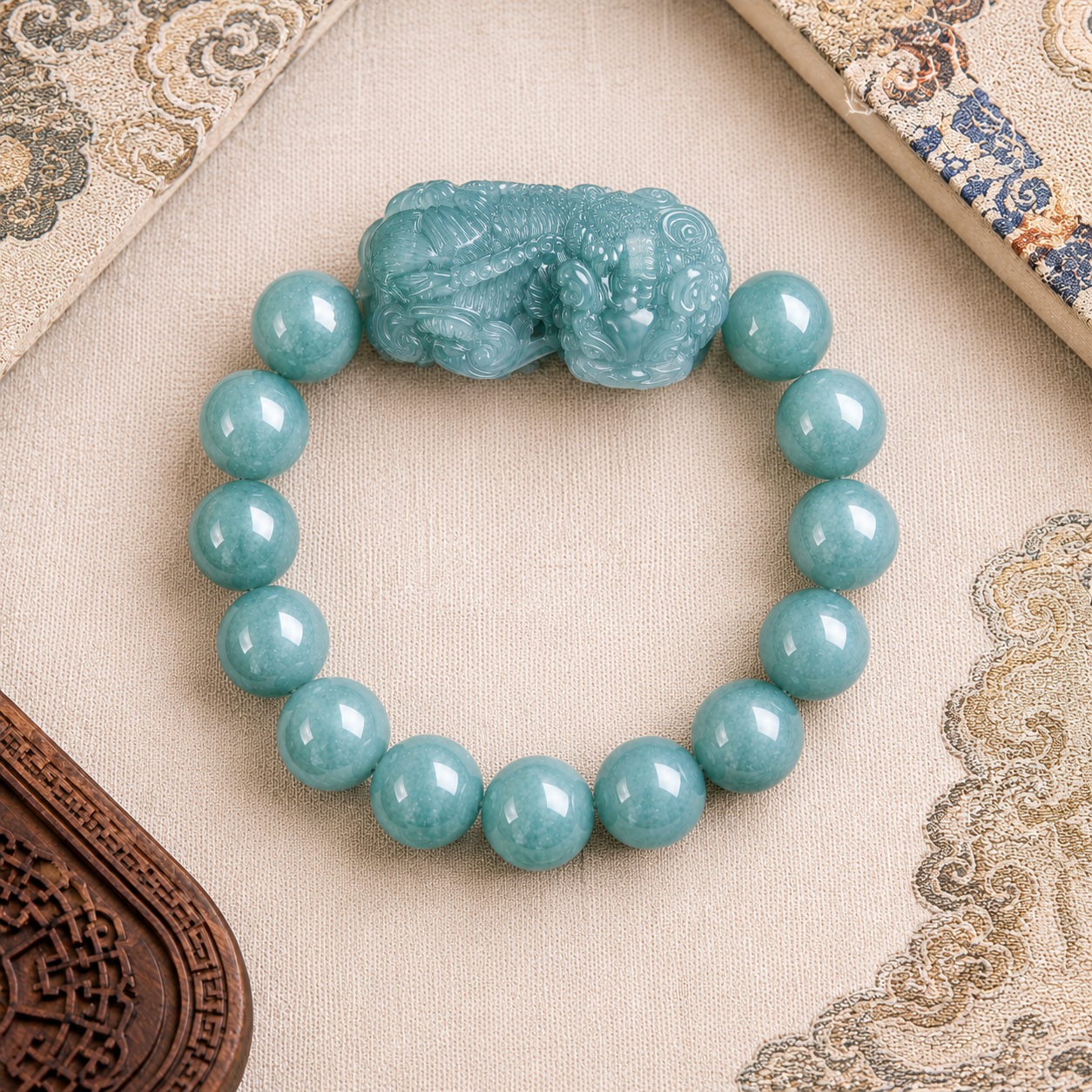 Pixiu Jade Bracelet — Ice Jadeite & Carved Pixiu Pendant