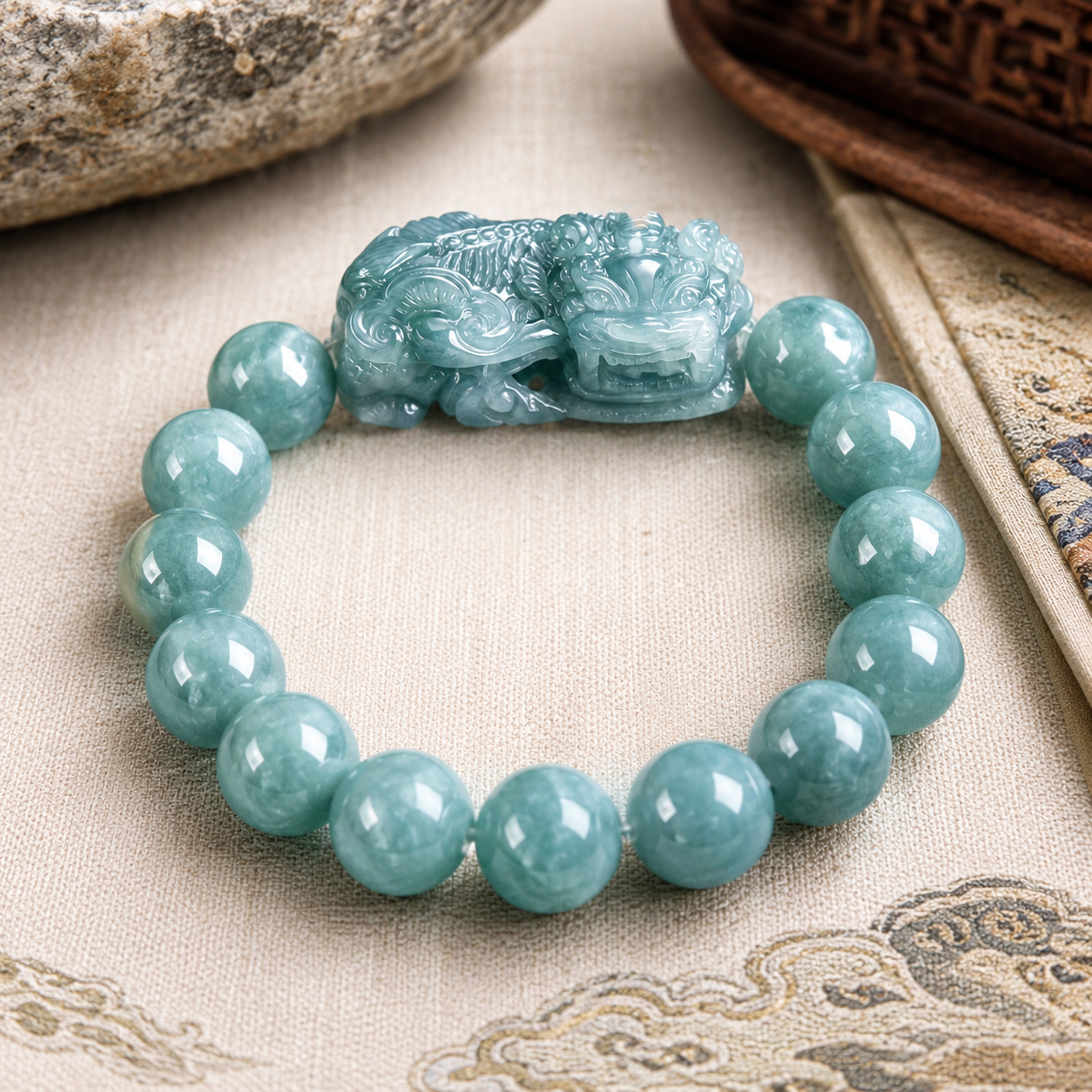 Pixiu Jade Bracelet — Ice Jadeite & Carved Pixiu Pendant