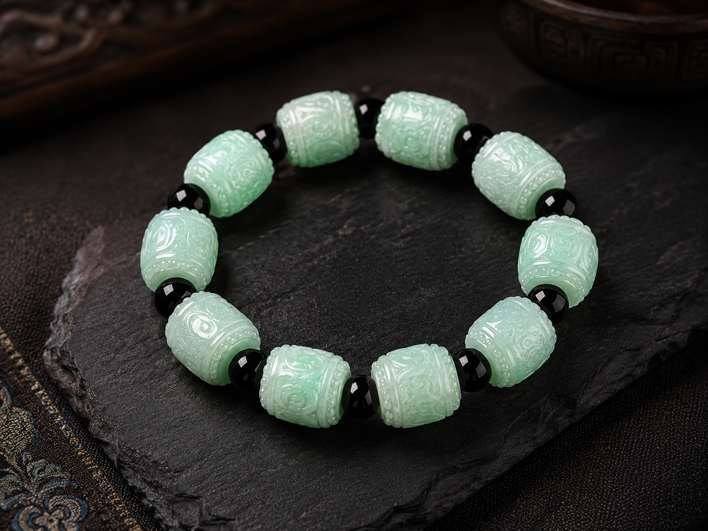 Ice Jadeite Scripture Bracelet — Carved Mantra Barrel Beads