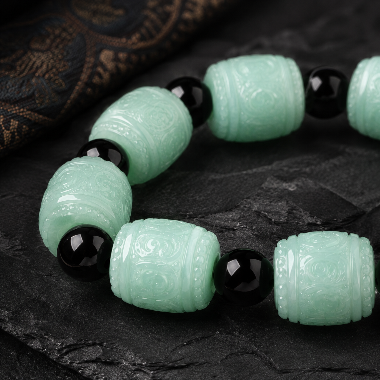 Ice Jadeite Scripture Bracelet — Carved Mantra Barrel Beads