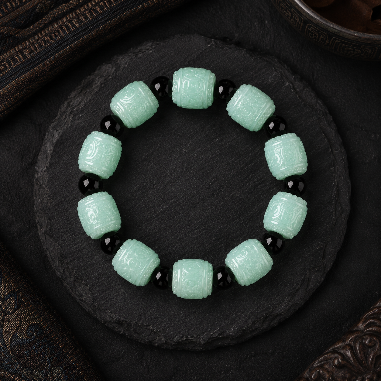Ice Jadeite Scripture Bracelet — Carved Mantra Barrel Beads