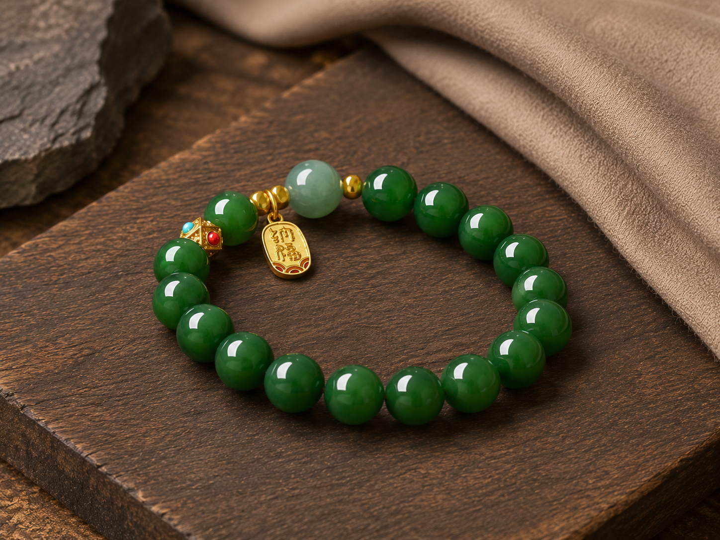 Hetian Jade Blessing Bracelet — 10mm Deep Green & Gold Buddha Charm