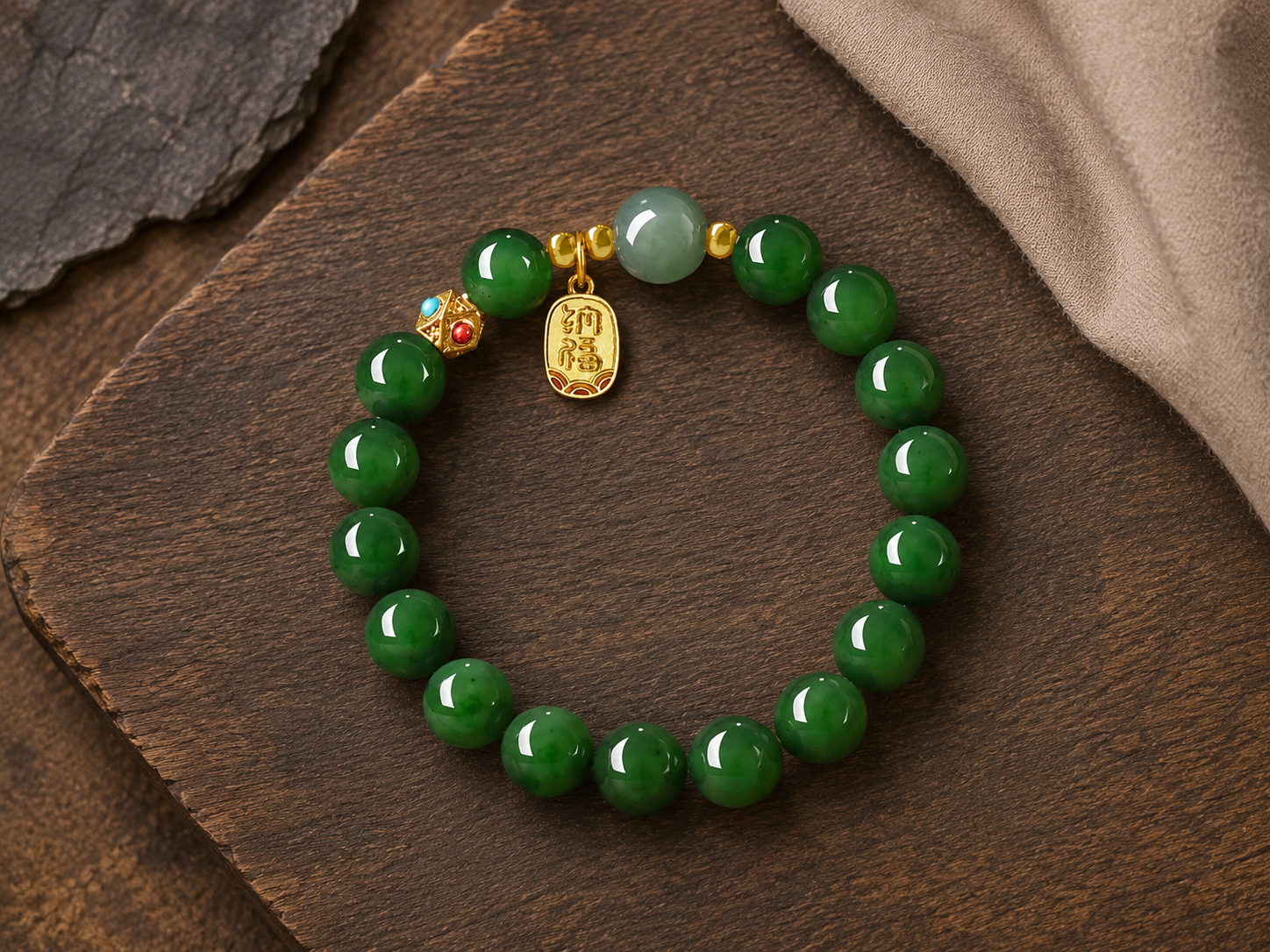 Hetian Jade Blessing Bracelet — 10mm Deep Green & Gold Buddha Charm