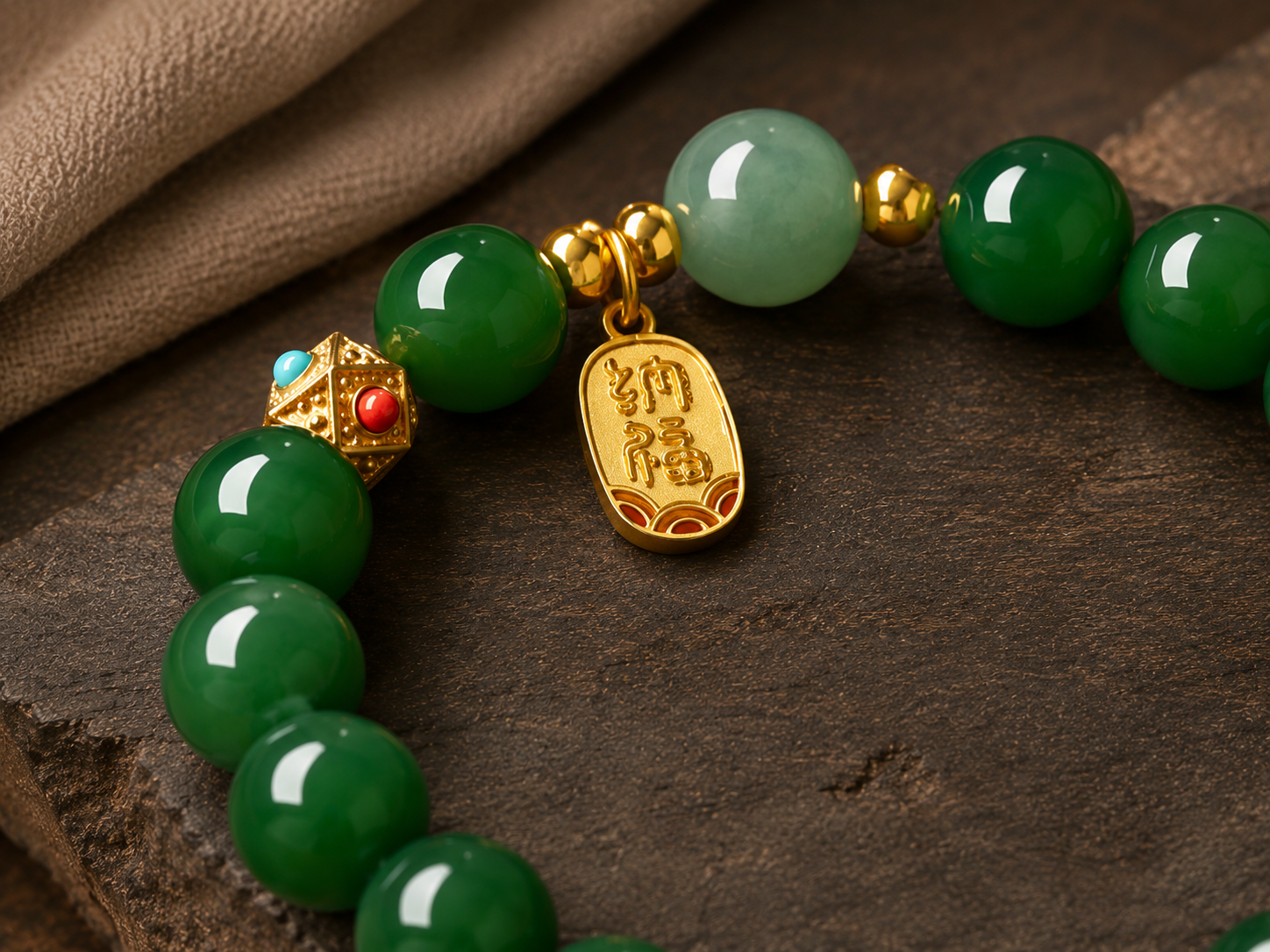 Hetian Jade Blessing Bracelet — 10mm Deep Green & Gold Buddha Charm