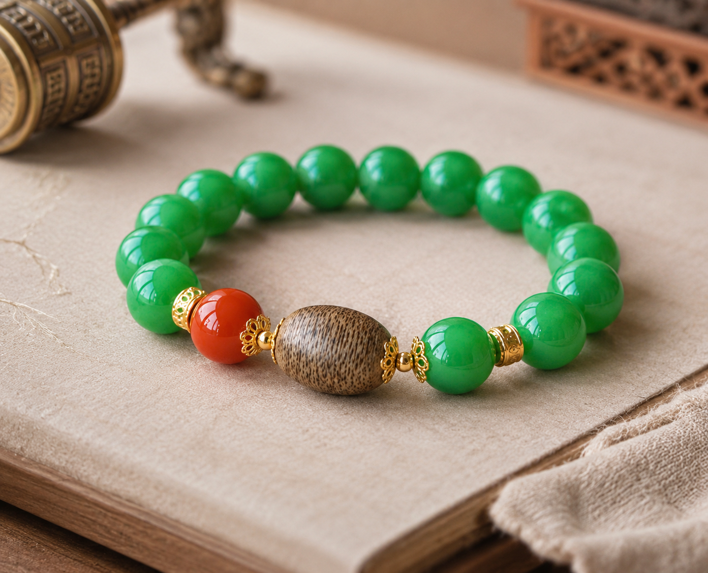 Nanhong, Sandalwood & Jade Bracelet — Dry Green Jade, 24K Gold Spacers