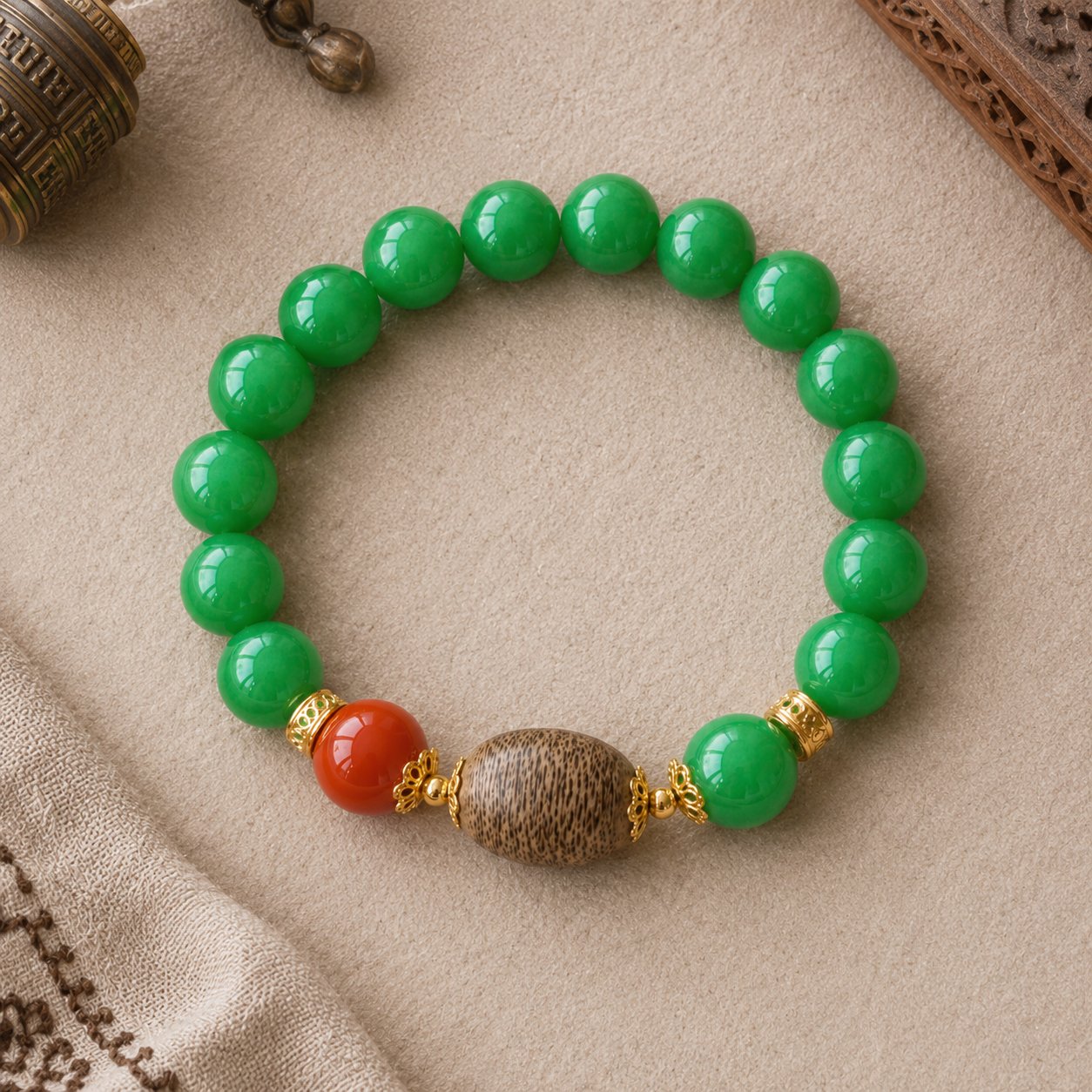 Nanhong, Sandalwood & Jade Bracelet — Dry Green Jade, 24K Gold Spacers