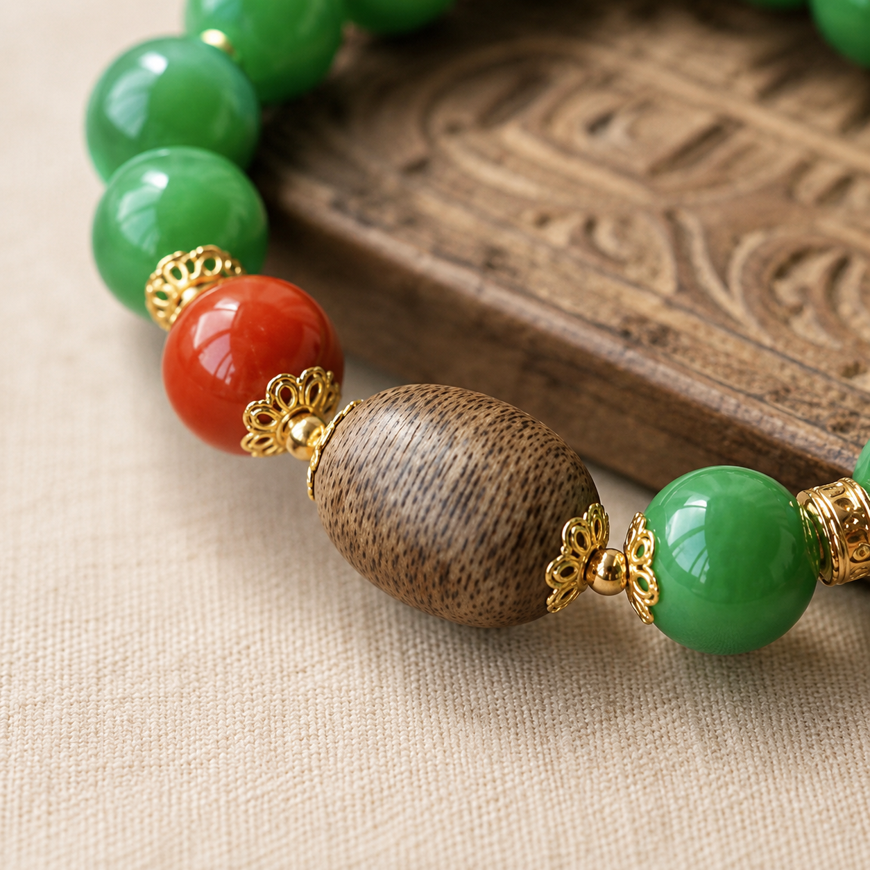 Nanhong, Sandalwood & Jade Bracelet — Dry Green Jade, 24K Gold Spacers