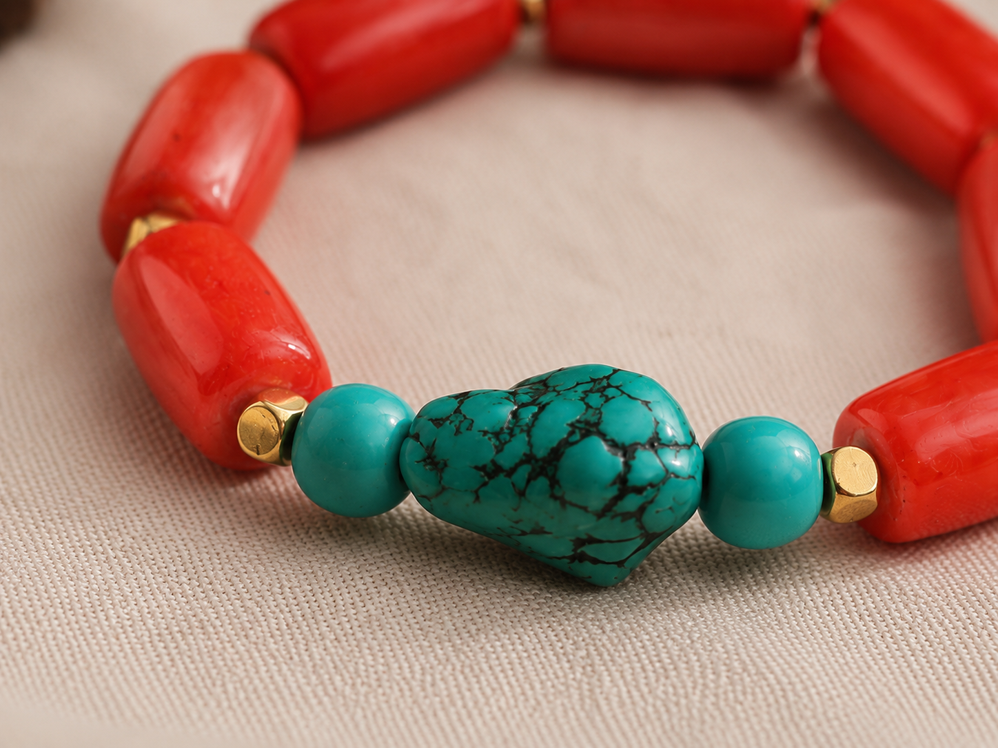 Red Coral & Turquoise Bracelet — Natural Coral, Turquoise & Gold Accent