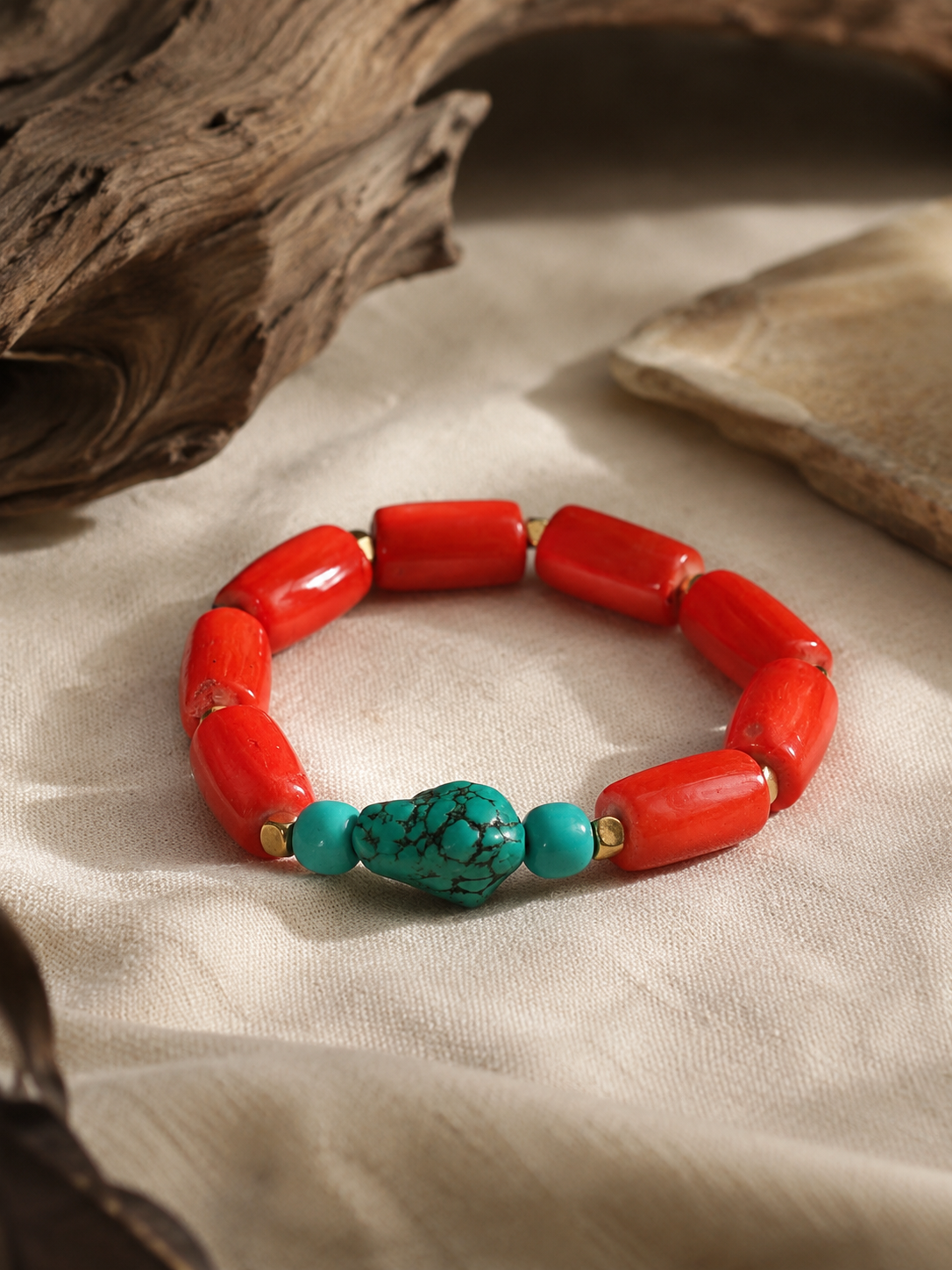 Red Coral & Turquoise Bracelet — Natural Coral, Turquoise & Gold Accent