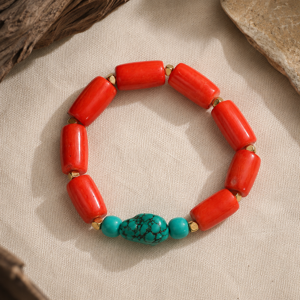 Red Coral & Turquoise Bracelet — Natural Coral, Turquoise & Gold Accent