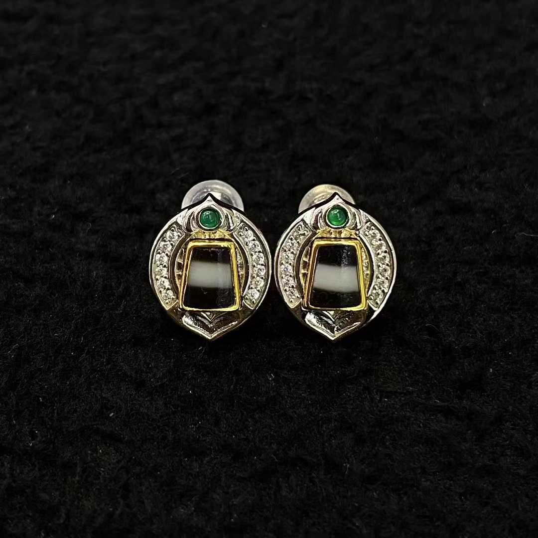 Seal of Auspicious Light — Dzi Bead Silver Earrings — handmade Tibetan earrings