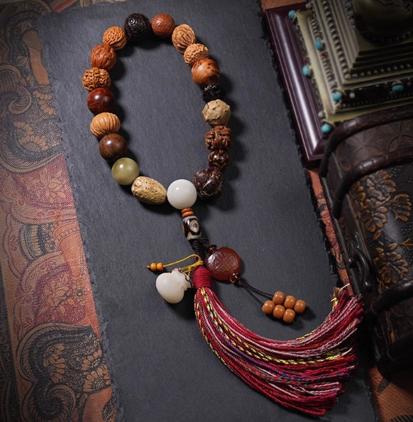 18-Bead Bodhi Mala – Natural Dzi,Tassel, Authentic Prayer Beads. For Blessing & Peace — handmade Tibetan mala