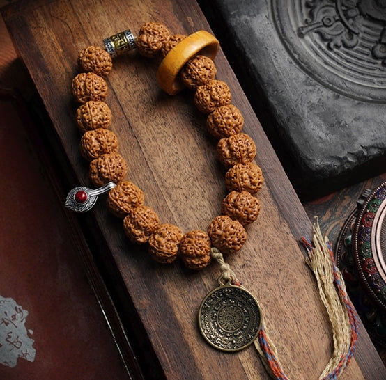 Five-Petal Rudraksha – 18-Bead Handheld Mala,For Fortune & Peace — handmade Tibetan mala