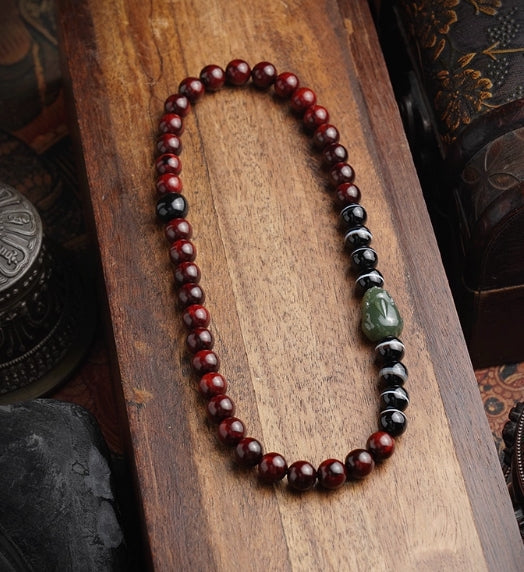 Small Leaf Red Sandalwood Bracelet – Handheld with Yutian Pixiu, For Fortune & Protection — handmade Tibetan bracelet