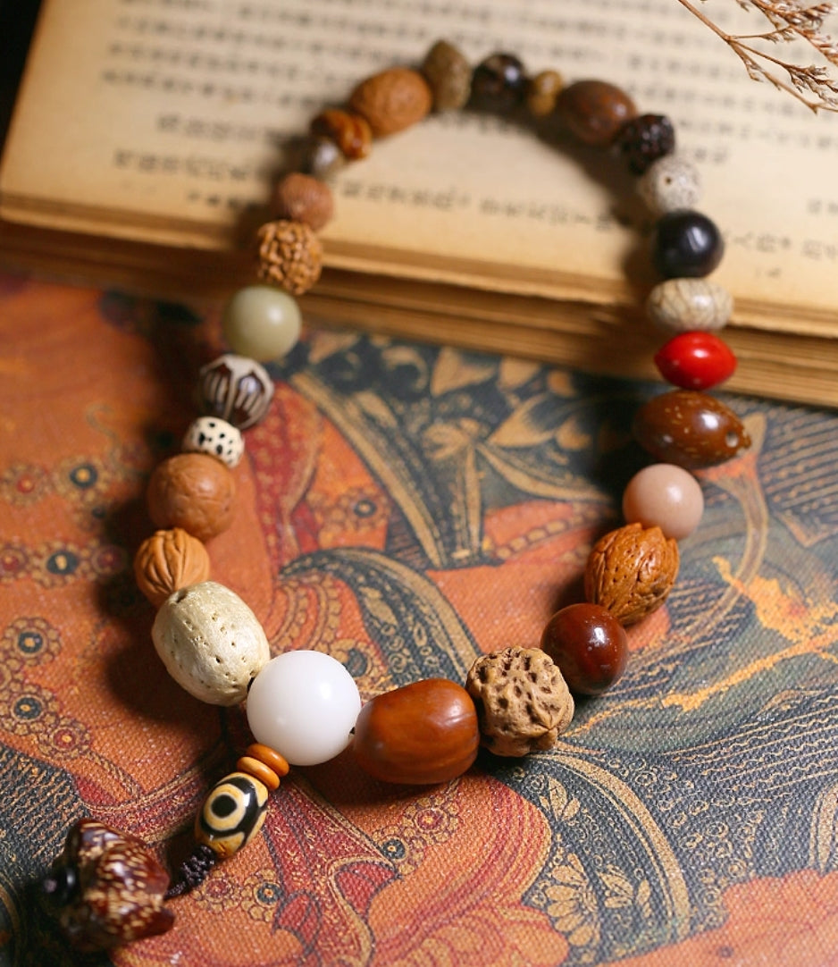 Natural Bodhi Seed Bracelet – Rudraksha, Star-Moon & Lotus, , For Safety & Health — handmade Tibetan bracelet