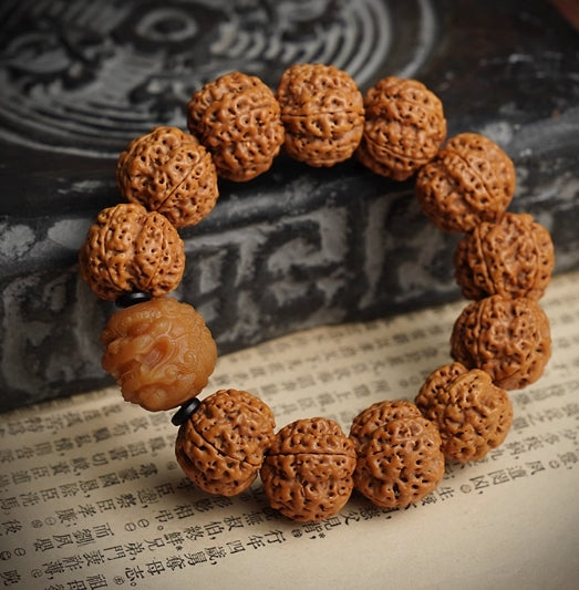 Five-Petal Rudraksha Bracelet – Carved Pixiu Accent, For Prosperity & Protection — handmade Tibetan bracelet