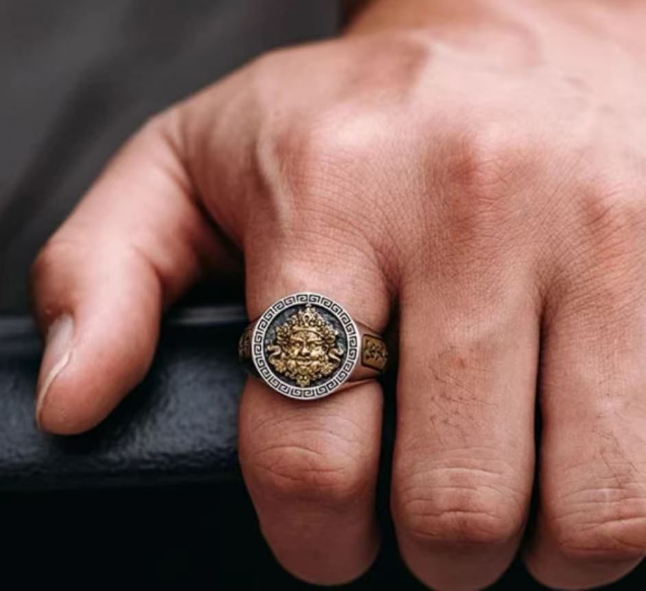 Men’s Yellow Jambhala Ring — 925 Sterling Silver, Tibetan Symbol of Wealth & Blessings — handmade Tibetan ring