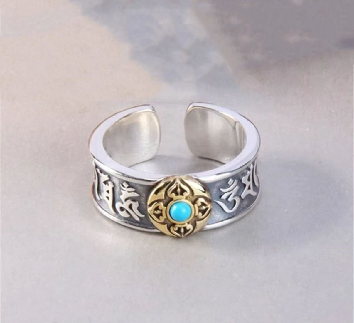 Turquoise Guardian Ring — 925 Sterling Silver, Tibetan Sky Stone of Protection — handmade Tibetan ring
