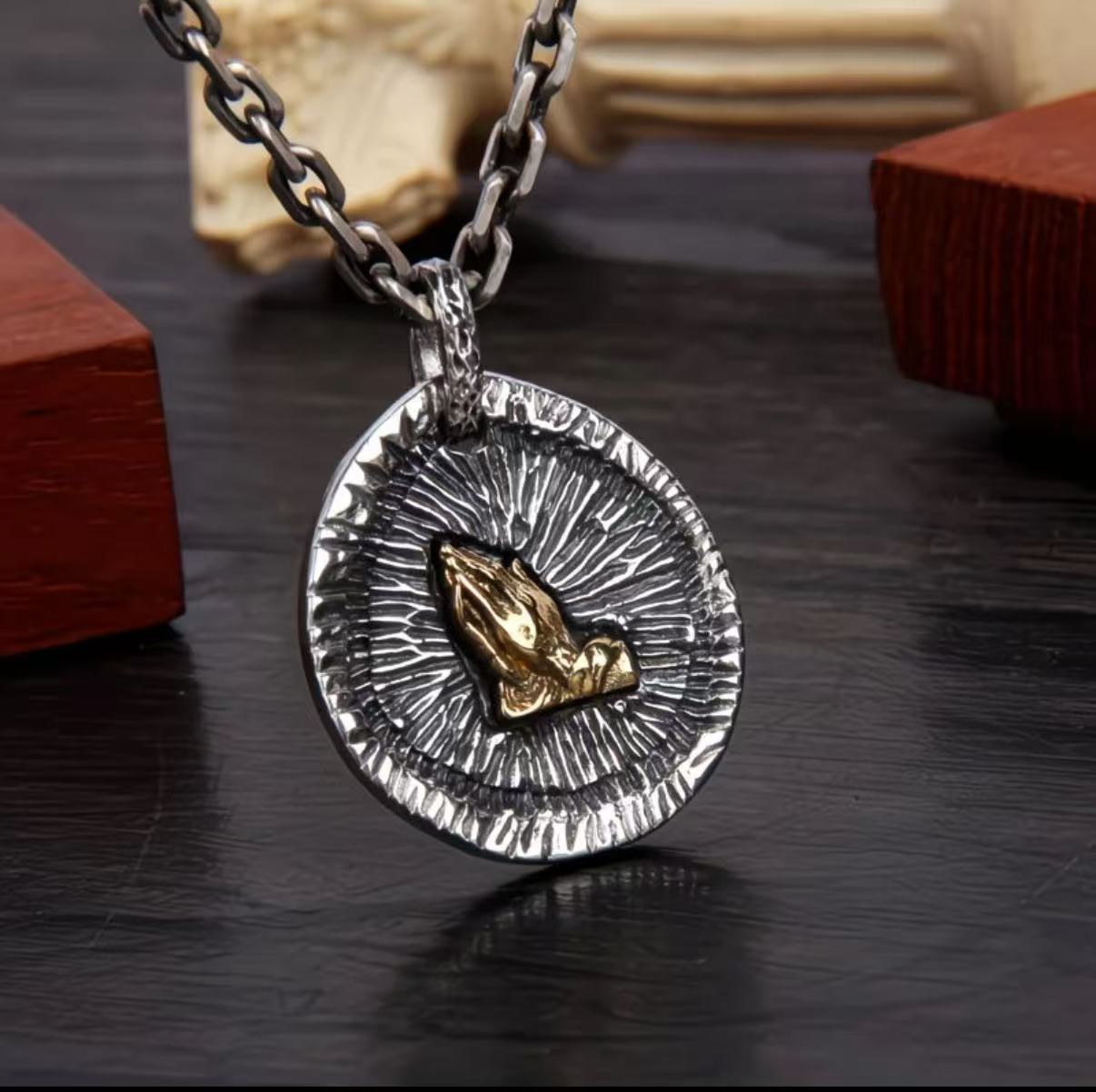 Sterling Silver Prayer Hands Necklace – For Health, Blessings, & Family Protection — handmade Tibetan necklace