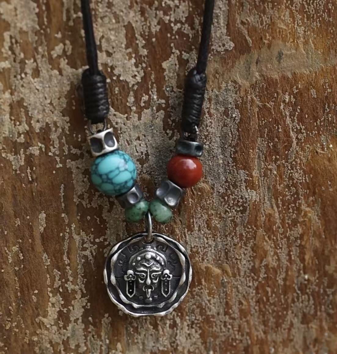 Zachiram Silver Protection Necklace with Turquoise & Red Agate – Handcrafted Tibetan Amulet for Strength, Balance & Spiritual Clarity — handmade Tibetan necklace