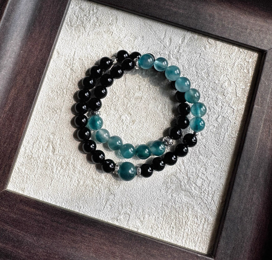 Midnight Obsidian & Ocean Blue Quartzite Double-Wrap Bracelet — handmade Tibetan bracelet