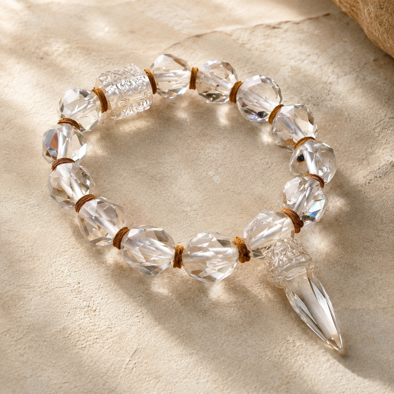 White Crystal Vajra Bracelet — Clear Quartz & Gold Accent