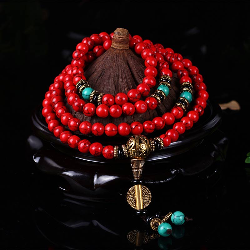 Blessed Tibetan Red Turquoise Mala – Wearable Prayer for Luck & Inner Harmony — handmade Tibetan mala