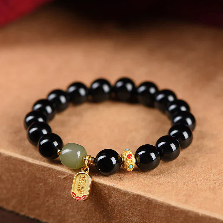 Love & Luck Couple Bracelet – Hetian Jade, Black Onyx & Fortune Symbol — handmade Tibetan bracelet