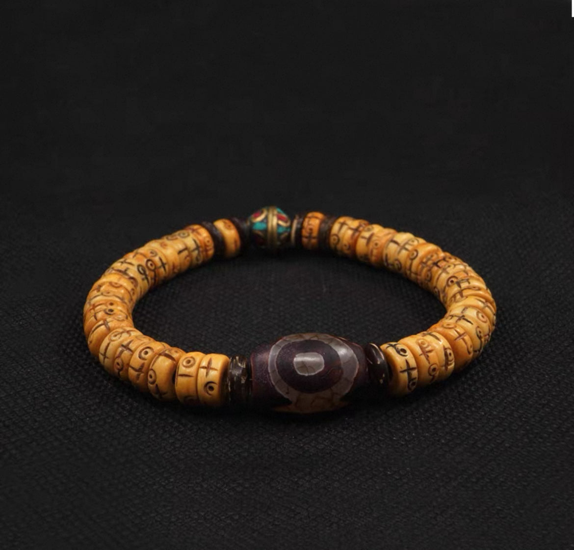 Tibetan Wealth-Attracting Yak Bone Dzi Bead Bracelet