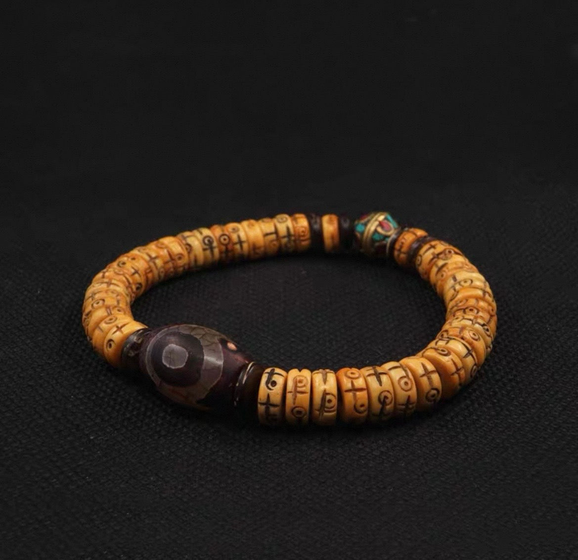 Tibetan Wealth-Attracting Yak Bone Dzi Bead Bracelet