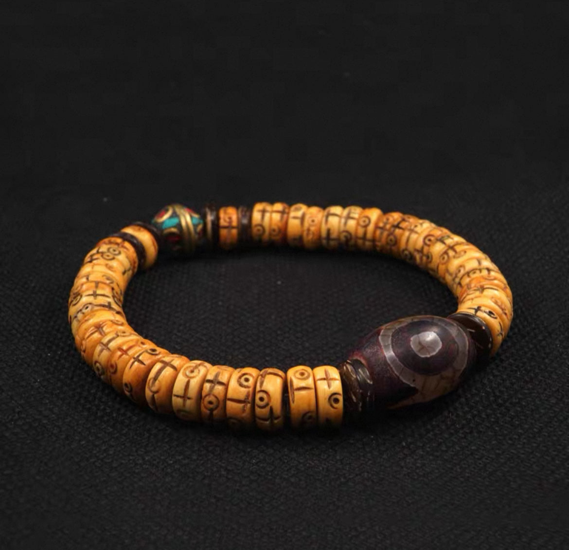 Tibetan Wealth-Attracting Yak Bone Dzi Bead Bracelet