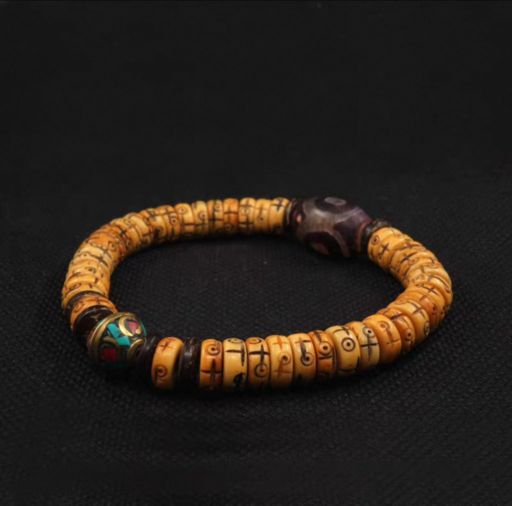 Tibetan Wealth-Attracting Yak Bone Dzi Bead Bracelet