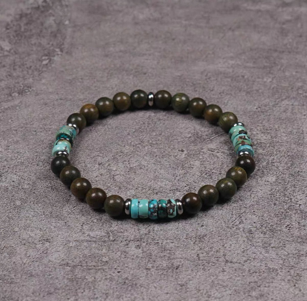 Handmade Green Sandalwood & Turquoise Wealth - Guarding Bracelet