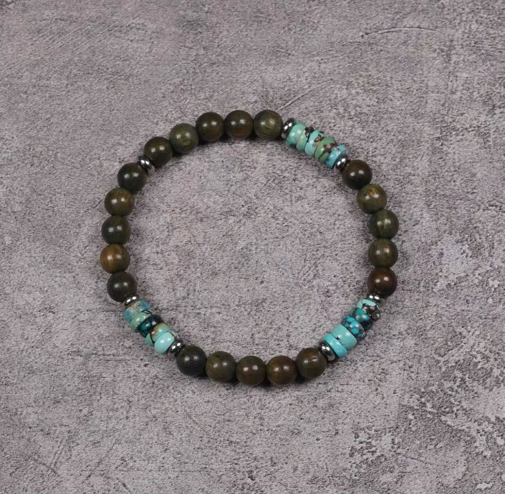 Handmade Green Sandalwood & Turquoise Wealth - Guarding Bracelet