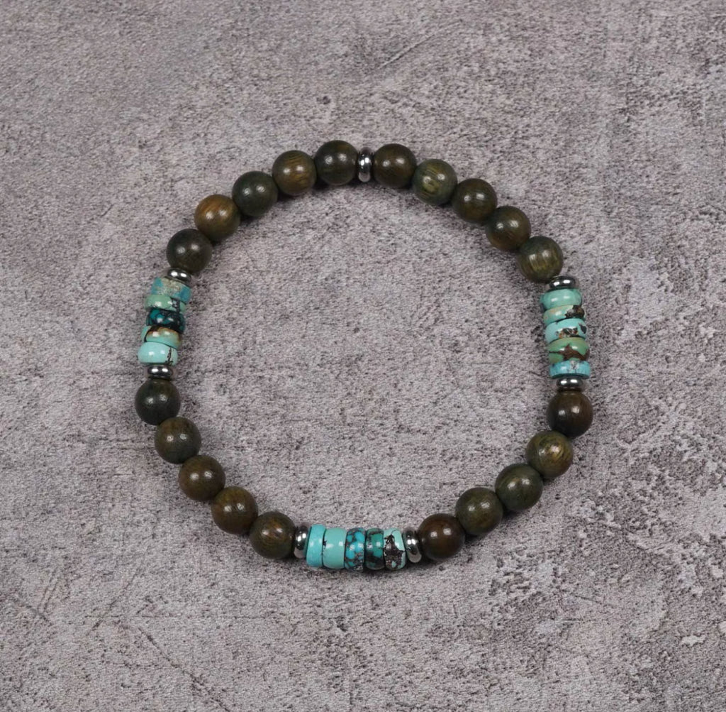 Handmade Green Sandalwood & Turquoise Wealth - Guarding Bracelet