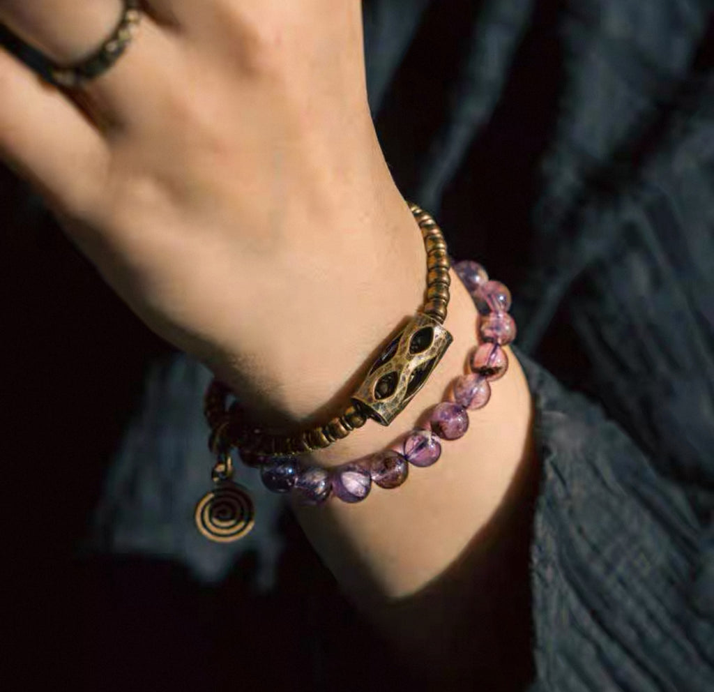 Natural Phantom Amethyst &amp; Brass Vintage Bracelet