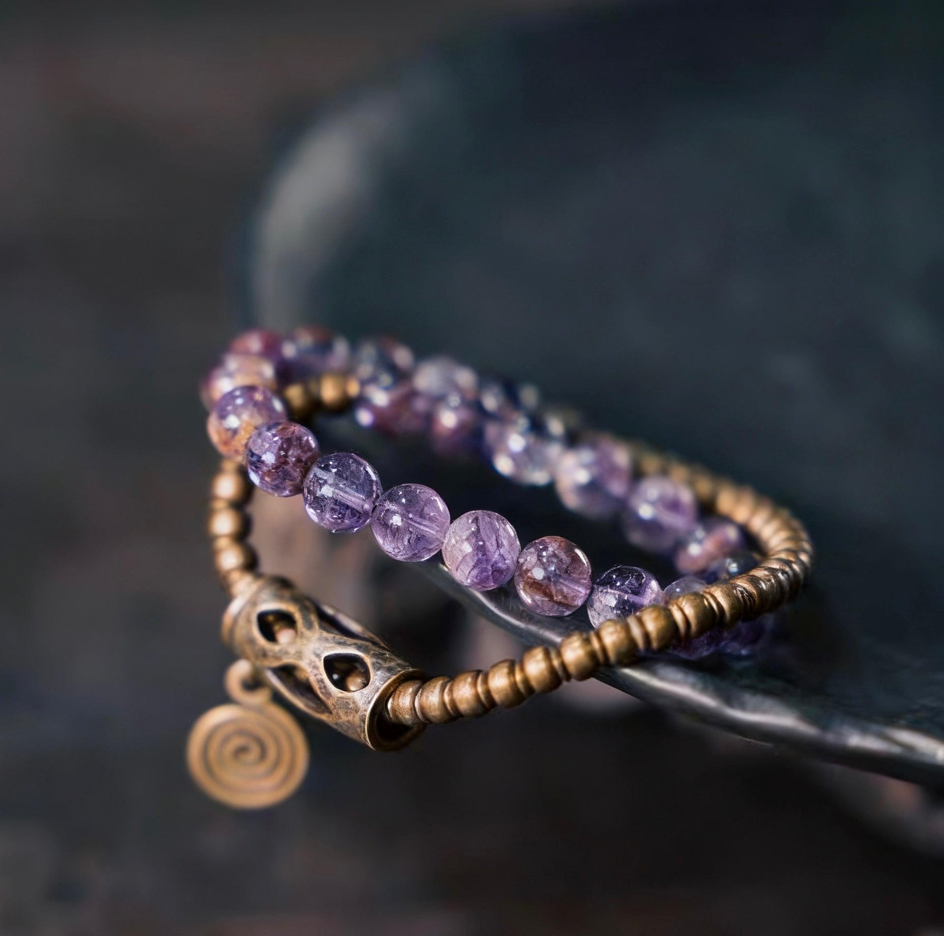 Natural Phantom Amethyst &amp; Brass Vintage Bracelet