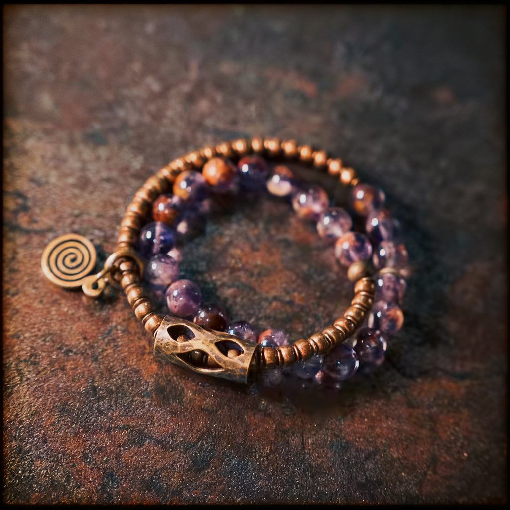 Natural Phantom Amethyst &amp; Brass Vintage Bracelet