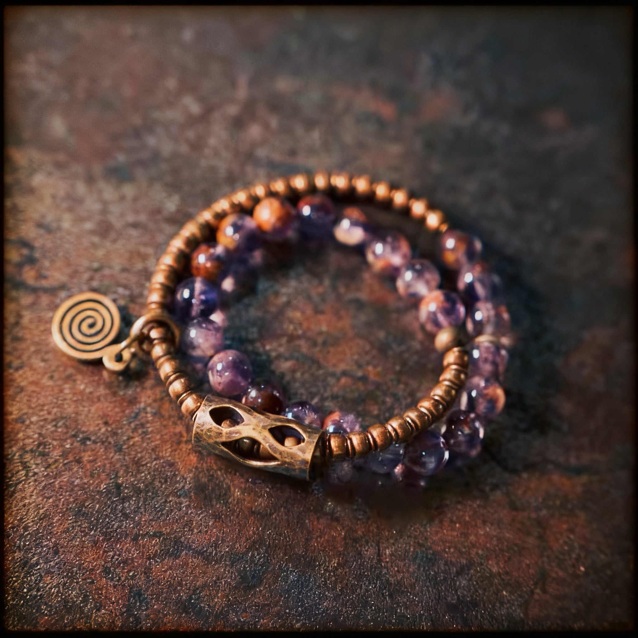 Natural Phantom Amethyst &amp; Brass Vintage Bracelet