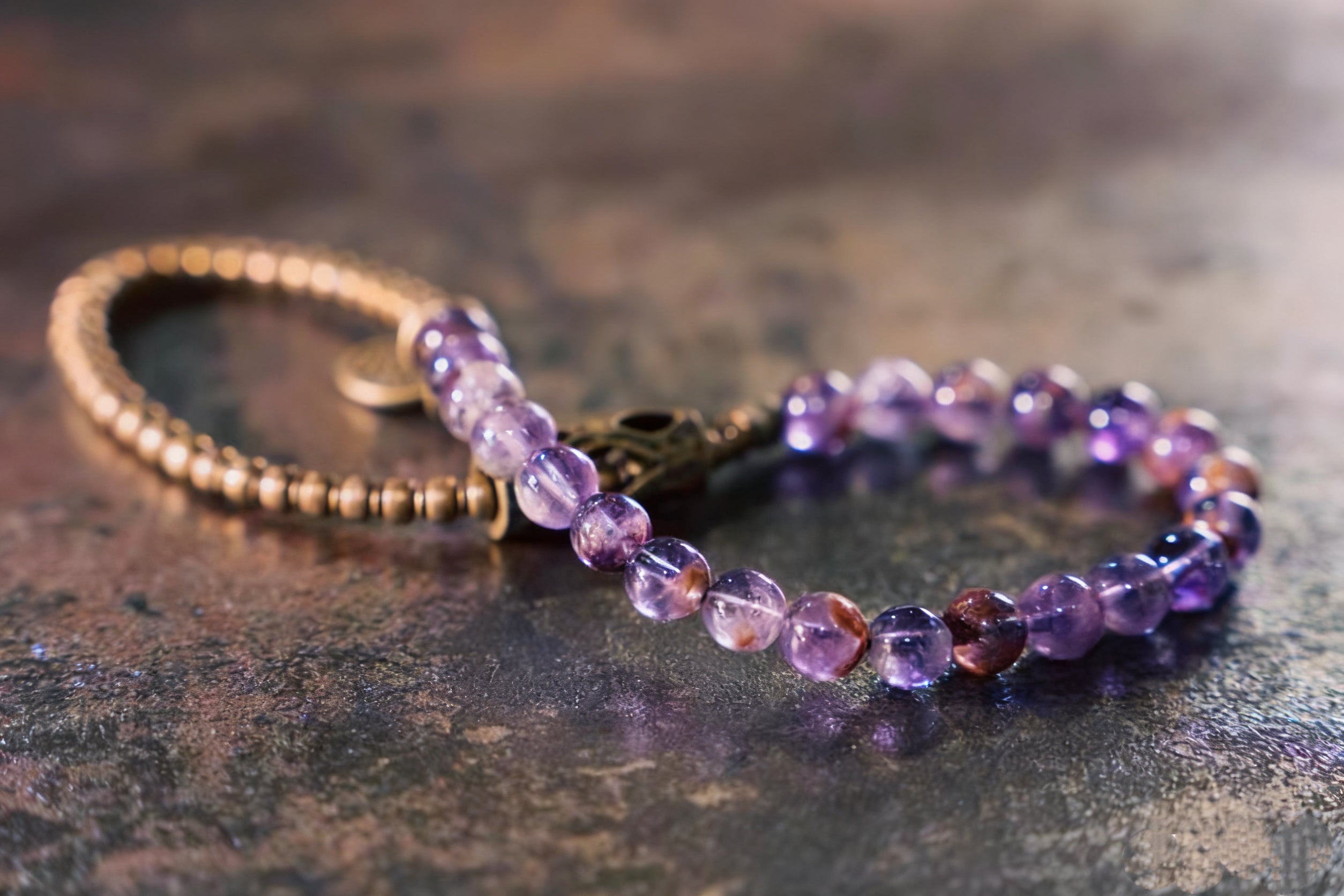 Natural Phantom Amethyst &amp; Brass Vintage Bracelet